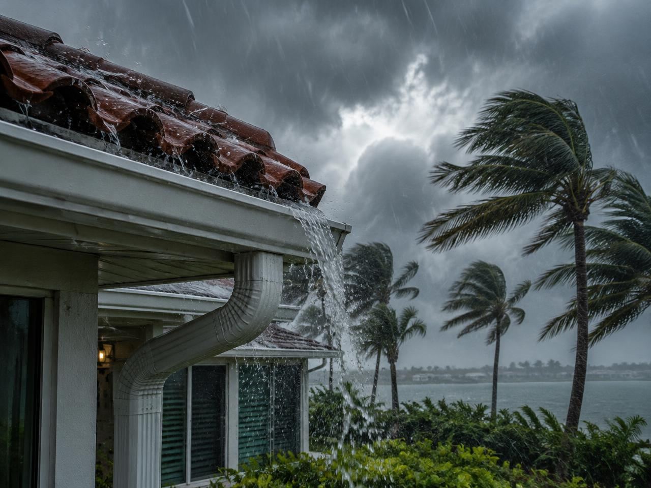 Heavy Florida rainstorm pouring off a tile roof into a gutter and downspout