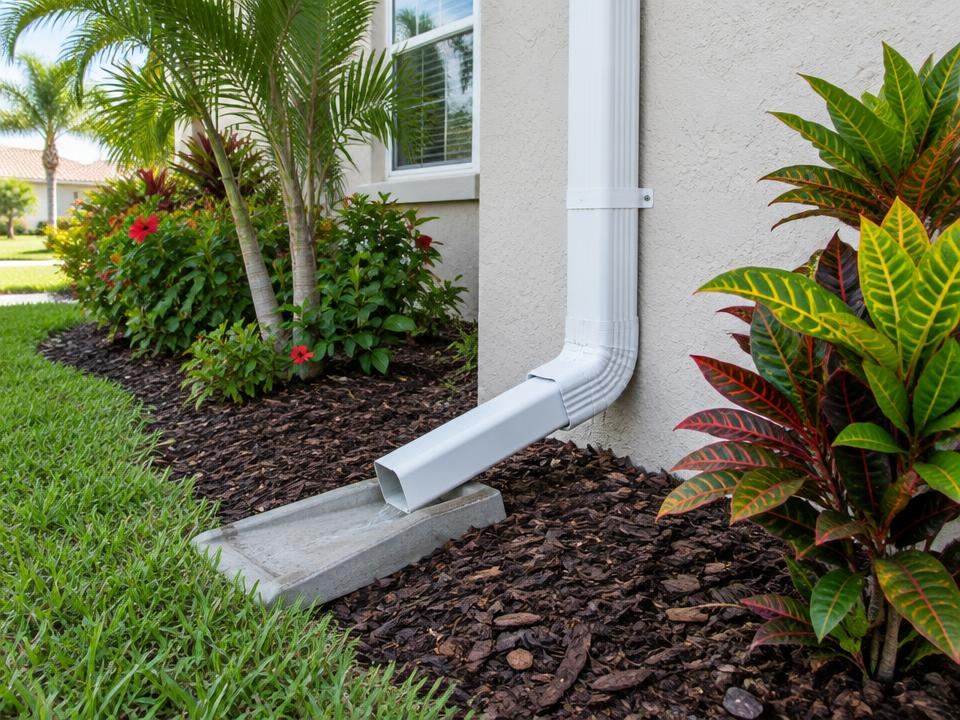 Downspout extension directing rainwater onto a splash block away from the foundation