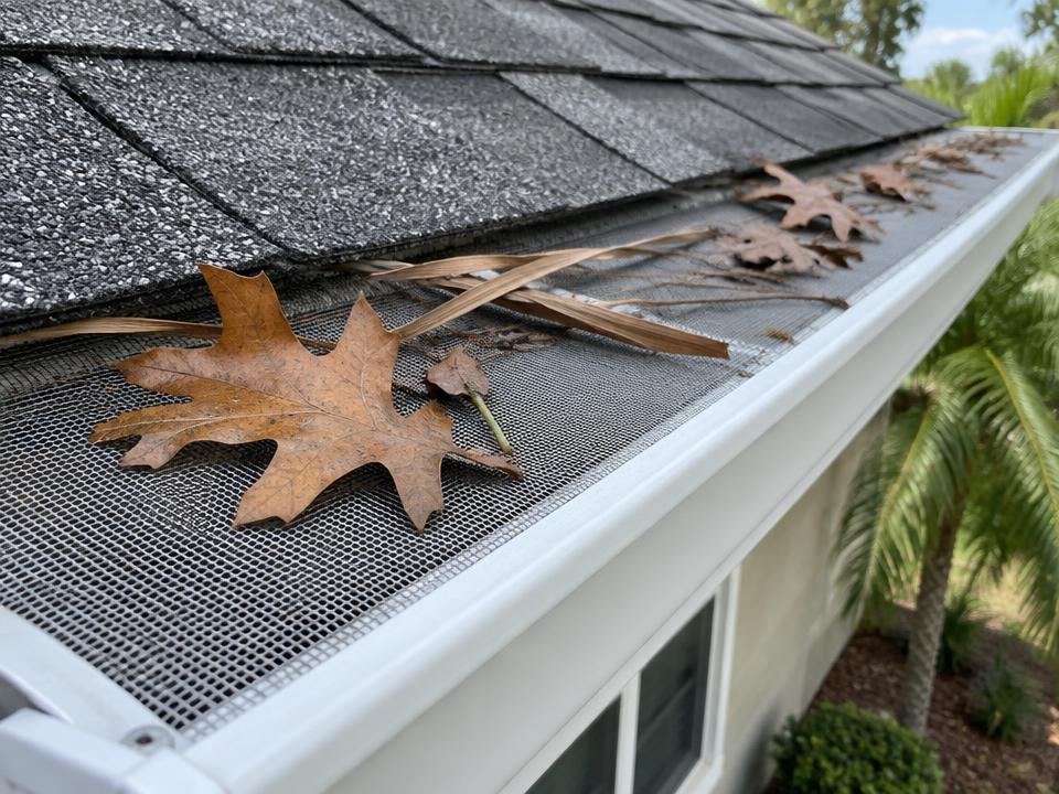 Mesh gutter guard keeping leaves out of a white aluminum gutter