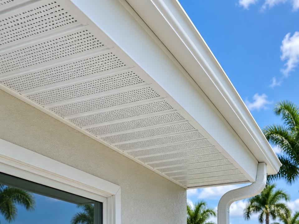 Vented white soffit and fascia under a roof overhang with gutter attached